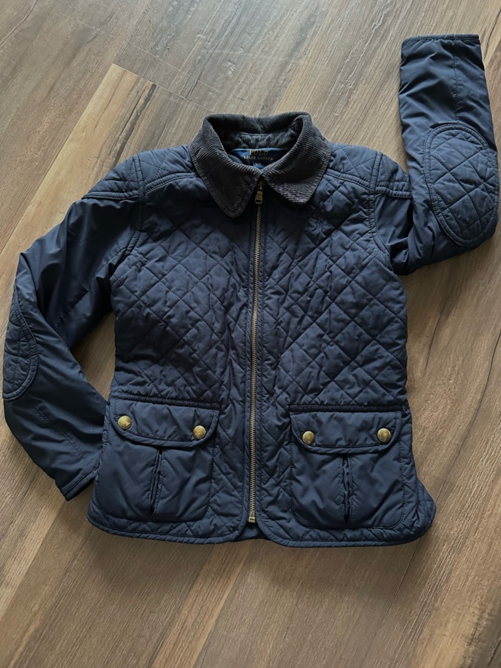 Polo by Ralph Lauren Quilted Navy Girls Jacket w/ corduroy collar and gold hardw